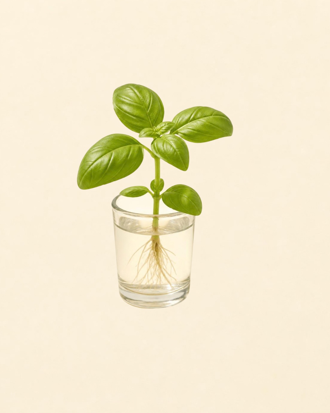 Basil leaves and visible roots in a clear glass of water, an illustration of growing discovery