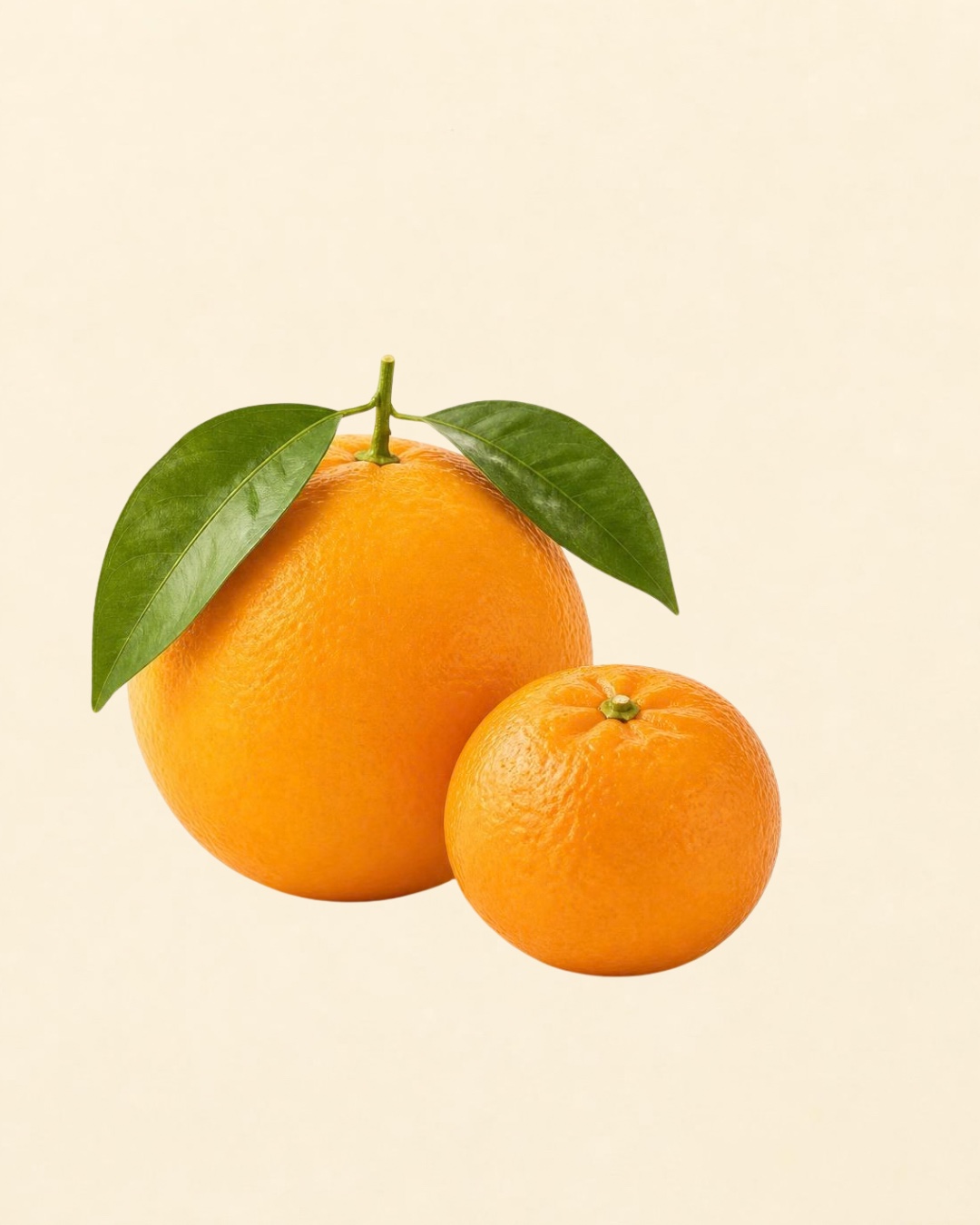 An orange and a mandarin with green leaves on the Fruit & Kin yellow background